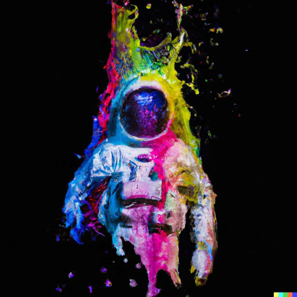 an astronaut made from multicolored water splashes